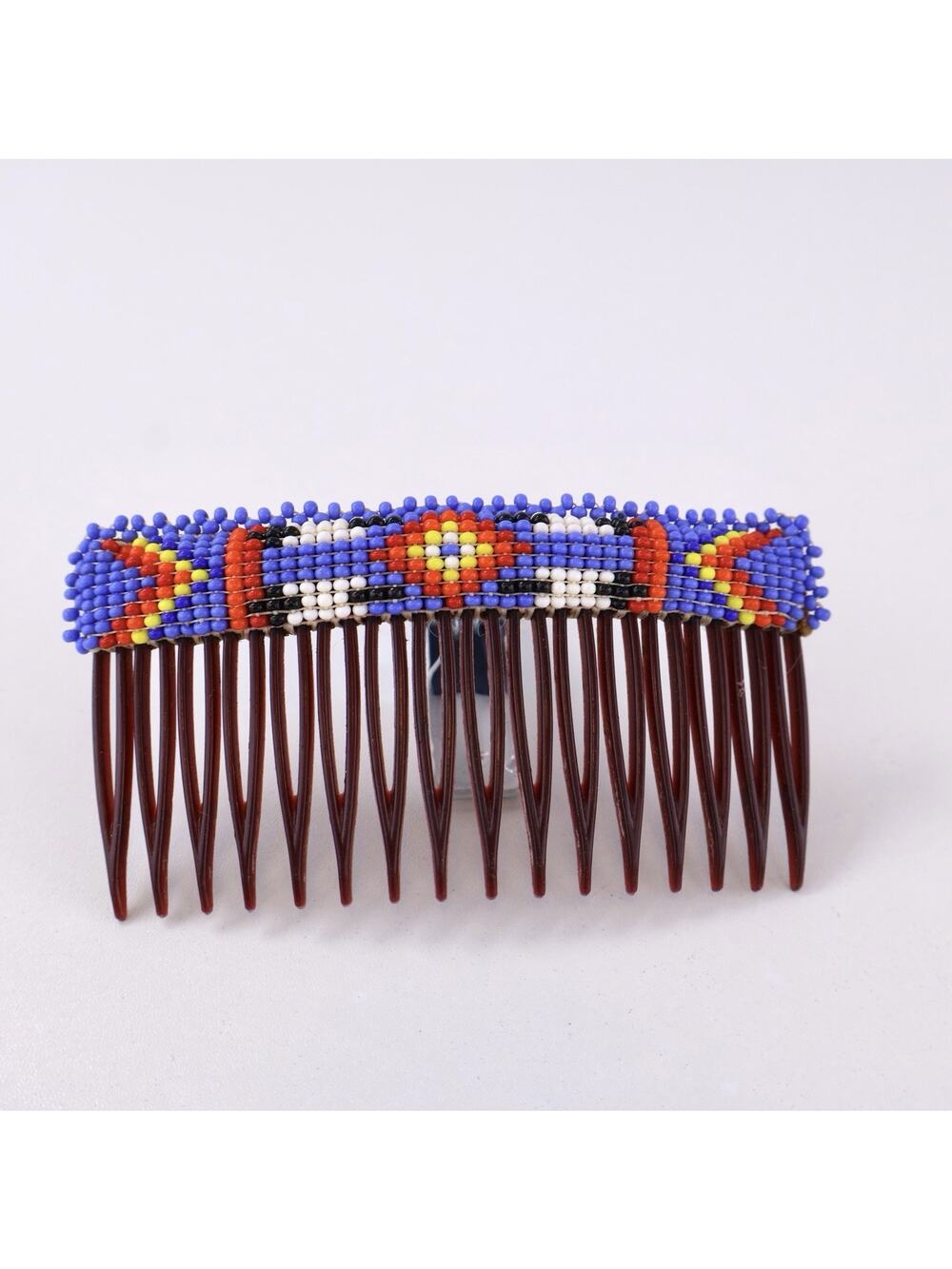 Hand Beaded Native American Style Hair Comb Blue Seed Bead Geometric Design 3”